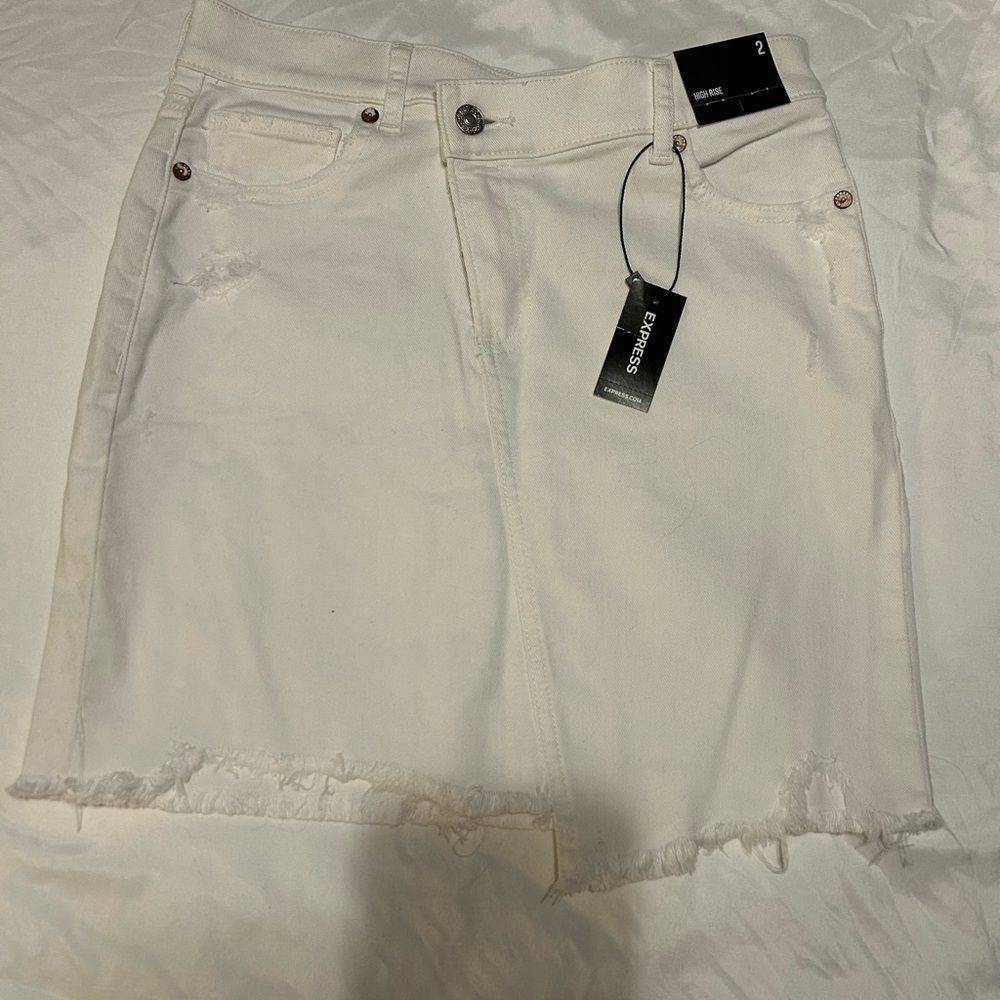 Express White High-Rise Distressed Denim Skirt